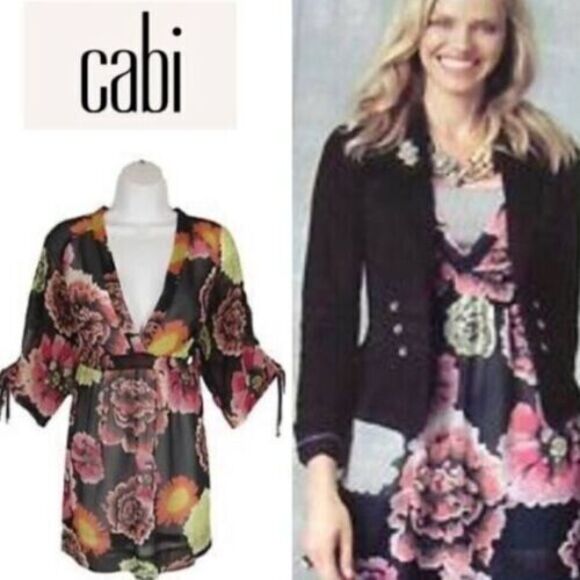 CAbi Tops - CAbi S Tunic Top Blouse Black Pink Bold Floral Deep V Neck 3/4 Sleeve Style 400